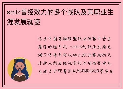 smlz曾经效力的多个战队及其职业生涯发展轨迹